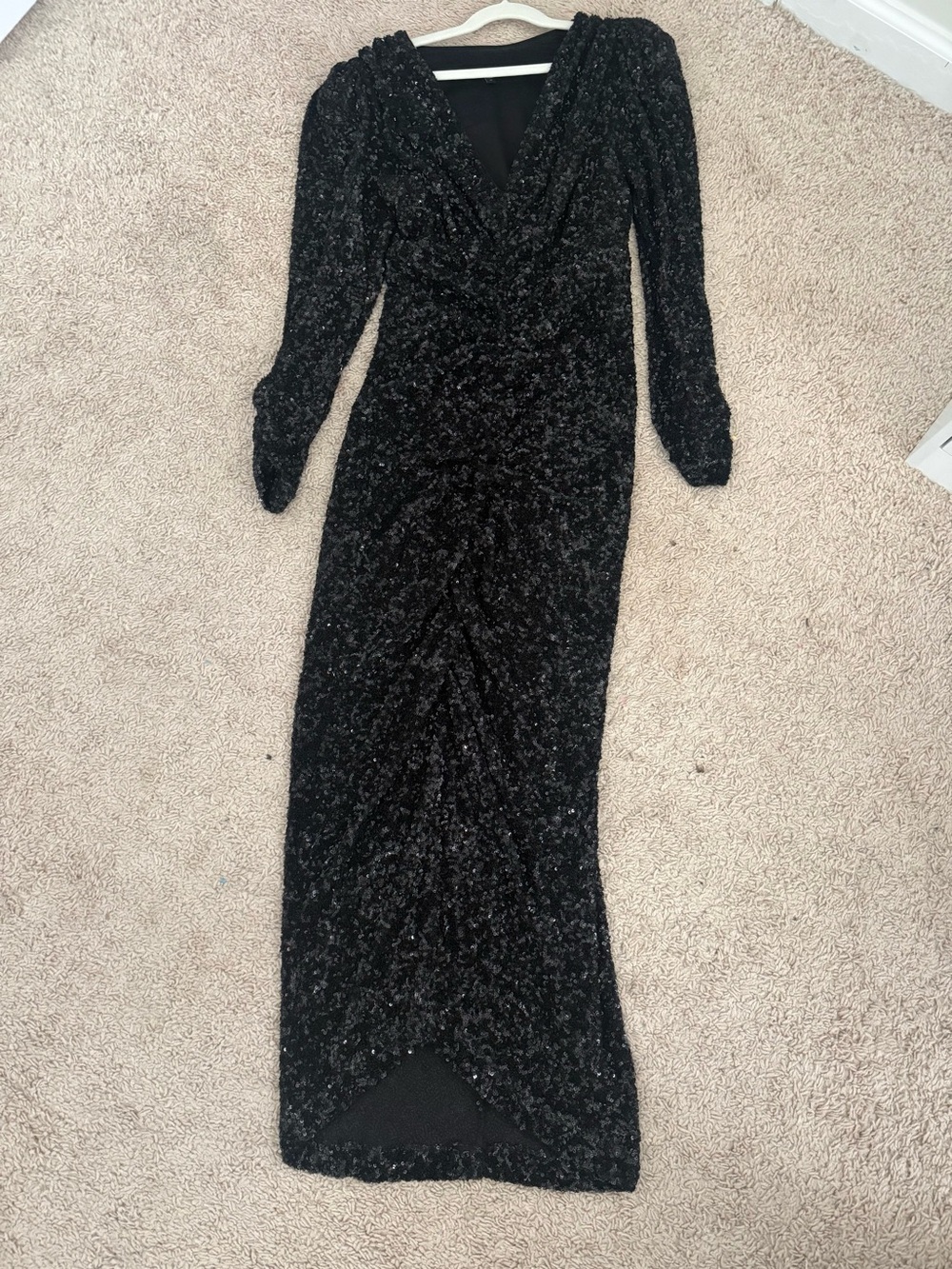 Express Black Sequin Long-Sleeve Ruched V-Neck Dress - Picture 2 of 3